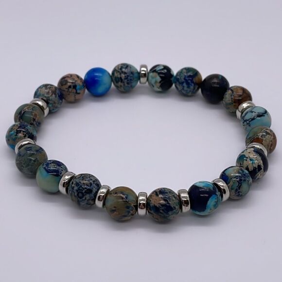 NWT Wool + Pepper Co. Blue Imperial Jasper & Silver Beaded Bracelet - Picture 4 of 4